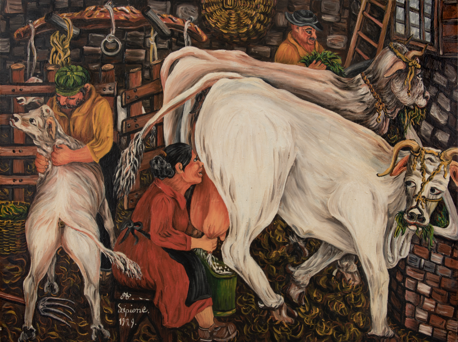 mungitura nella stalla, 1979, olio su tela, cm 60x80
